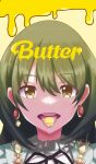 1girl absurdres butter commentary_request earrings food food_in_mouth green_hair highres idolmaster idolmaster_shiny_colors jewelry long_hair looking_at_viewer nanakusa_nichika open_mouth portrait sanami_(sanami_t_38) solo tongue tongue_out yellow_eyes 