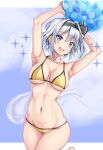  1girl absurdres amagi_(amagi626) armpits arms_up ball bare_shoulders beachball bikini black_hairband black_ribbon breasts collarbone grey_eyes hair_ribbon hairband highres konpaku_youmu konpaku_youmu_(ghost) looking_at_viewer medium_breasts navel open_mouth ribbon short_hair silver_hair smile solo stomach swimsuit touhou yellow_bikini 