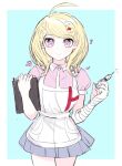  1girl akamatsu_kaede alternate_hair_ornament apron bangs blush breasts closed_mouth commentary_request cosplay cowboy_shot dangan_ronpa_(series) dangan_ronpa_2:_goodbye_despair dangan_ronpa_v3:_killing_harmony eighth_note fc_(efushii) green_background heart holding holding_notepad holding_syringe large_breasts long_hair looking_at_viewer miniskirt musical_note notepad nurse pink_eyes pink_shirt pleated_skirt puffy_short_sleeves puffy_sleeves shirt short_sleeves simple_background skirt smile solo syringe tsumiki_mikan tsumiki_mikan_(cosplay) white_apron white_background 