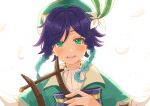  1boy androgynous bangs beret black_hair blue_hair blush bow braid collared_cape collared_shirt commentary_request eyebrows_visible_through_hair falling_petals flower genshin_impact gradient_hair green_eyes green_headwear hat hat_flower highres holding holding_instrument instrument leaf looking_at_viewer lyre male_focus mochidzuki_chikage multicolored_hair open_mouth petals shirt short_hair_with_long_locks sidelocks simple_background smile solo twin_braids venti_(genshin_impact) white_background white_flower white_shirt 
