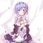  1girl apron bamboo_(akimotoaki) bangs blue_eyes blue_hair bow breasts curtains eyebrow_piercing eyebrows_visible_through_hair flower food hair_between_eyes hair_bow highres looking_at_viewer maid maid_apron maid_headdress onigiri petals piercing re:zero_kara_hajimeru_isekai_seikatsu rem_(re:zero) short_hair smile solo wind 