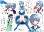  :o absurdres ayanami_rei bishoujo_senshi_sailor_moon blue_footwear blue_hair blue_shirt blue_skirt blush boots breasts check_translation commentary cosplay dated elbow_gloves food gloves highres knee_boots light_smile looking_at_viewer medium_breasts neon_genesis_evangelion partially_translated red_eyes sailor_mercury sailor_mercury_(cosplay) sailor_senshi_uniform sandwich school_uniform serafuku shirt short_hair signature skirt thought_bubble translation_request tsunemoku white_background white_gloves 