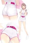  1girl :d ama_mitsuki ass ass_visible_through_thighs bangs bare_legs baseball belt belt_buckle between_legs blonde_hair blush brown_eyes brown_hair buckle commentary_request full_body gloves hands_on_hips hands_up heart highres looking_at_viewer multicolored_hair multiple_views open_mouth original pink_shirt pom_pom_(cheerleading) shirt shoes short_sleeves simple_background smile sneakers standing streaked_hair swept_bangs two-tone_hair white_background white_footwear white_gloves 