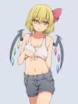 1girl absurdres alternate_costume bare_shoulders black_shorts blonde_hair blue_background breasts casual collarbone commentary_request flandre_scarlet hair_ribbon highres looking_at_viewer navel red_eyes red_ribbon ribbon shirt short_hair shorts simple_background small_breasts smile solo suwaneko tank_top touhou white_shirt wings 