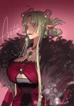  1girl absurdres aristeia_pacificator breasts demon_girl demon_horns dress green_hair highres horns indie_virtual_youtuber large_breasts livestream long_hair multicolored_hair pointy_ears red_eyes simple_background two-tone_hair virtual_youtuber youtube 