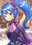  1girl bangs blue_hair blurry blurry_background blush bow closed_mouth curtains depth_of_field dress eyebrows_visible_through_hair gloves hair_bow hand_up indoors kou_hiyoyo long_hair long_sleeves looking_at_viewer original pink_neckwear puffy_long_sleeves puffy_sleeves purple_dress red_bow red_eyes side_ponytail sidelocks smile solo window 