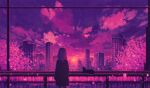  1girl branch building cat city clouds highres horizon leaf miloecute original purple_theme railing reflection scenery sky skyscraper solo star_(sky) starry_sky sunset tile_wall tiles twilight window 