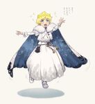  1boy blonde_hair blue_eyes cape cosplay crown fate/grand_order fate_(series) flying fur-trimmed_cape fur_trim highres male_focus oberon_(fate) oberon_(fate)_(cosplay) rakikoko signature sparkle voyager_(fate) 