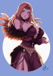  1girl benoit_picard breasts circlet cornelia_arnim curvy dress feather_trim fire_emblem fire_emblem:_three_houses gorget green_eyes highres large_breasts lips long_hair looking_at_viewer navel off-shoulder_dress off_shoulder orange_hair plunging_neckline red_dress sideboob solo tagme 