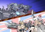  6+girls abyssal_ship adapted_costume ark_royal_(kancolle) back-to-back bangs blonde_hair blue_eyes blunt_bangs bob_cut bow_(weapon) braid brown_hair character_request compound_bow crossed_legs crown dress flag_background flower french_braid globus_cruciger gloves hairband hat headgear highres janus_(kancolle) jervis_(kancolle) kantai_collection long_hair long_sleeves machinery messy_hair military military_uniform mini_crown multiple_girls nelson_(kancolle) off-shoulder_dress off_shoulder overskirt red_flower red_neckwear red_ribbon redhead ribbon sailor_dress sailor_hat scepter sheffield_(kancolle) short_hair sitting suke_(share_koube) thigh-highs tiara uniform union_jack warspite_(kancolle) weapon white_dress white_gloves white_headwear white_legwear 