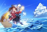  1girl black_skirt blue_sky brown_eyes brown_hair clouds day infini japanese_clothes kantai_collection kariginu long_sleeves magatama miniskirt ocean onmyouji outdoors pleated_skirt ryuujou_(kancolle) scroll shikigami skirt sky solo standing standing_on_liquid twintails visor_cap waves 