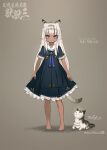  1girl animal_ear_fluff animal_ears artist_name barefoot black_dress cat cat_ears cat_girl cat_tail child dark-skinned_female dark_skin dress expressionless feet full_body grey_background hitomaru long_hair original pink_eyes short_sleeves silver_hair simple_background tail toes watermark whiskers 