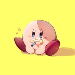  blue_eyes blush blush_stickers candy eating food full_body jpeg_artifacts kirby kirby_(series) lollipop mouth_hold nao_(naaa_195) no_humans simple_background sitting solo star_(symbol) yellow_background 