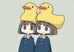  2girls absurdres blue_dress blunt_bangs blunt_ends bob_cut brown_eyes brown_hair buttons collared_dress dress grey_background headgear highres light_smile looking_at_another multiple_girls original rubber_duck short_hair siblings simple_background tokiwa_(914) twins 