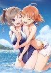  2girls alternate_hairstyle amagi_(volfuji) beach bikini blue_eyes blue_sky blue_swimsuit blush braid breasts closed_eyes clouds competition_swimsuit day grey_hair highres horizon hug hug_from_behind island looking_at_another love_live! love_live!_sunshine!! medium_breasts multiple_girls navel ocean one-piece_swimsuit one_eye_closed open_mouth orange_bikini orange_hair outdoors ponytail ribbon short_hair side_braid skirt sky small_breasts smile swimsuit takami_chika watanabe_you water yellow_ribbon 