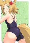  1girl :o alternate_costume animal_ears ass back bangs bare_shoulders blue_swimsuit blush commentary_request fox_ears fox_tail from_behind fur_trim green_eyes guchiaki hair_ornament kogitsunemaru_(tenka_hyakken) leaf leaf_hair_ornament looking_at_viewer looking_back maple_leaf one-piece_swimsuit orange_hair parted_bangs short_hair solo swimsuit tail tenka_hyakken thigh-highs white_legwear 