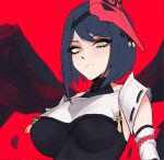  1girl bangs black_hair black_wings breasts closed_mouth commentary detached_sleeves english_commentary eyebrows_visible_through_hair genshin_impact j.k._(style) kujou_sara large_breasts looking_at_viewer mask mask_on_head orouu red_background short_hair simple_background solo tassel tengu_mask wings yellow_eyes 