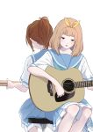  2girls absurdres acoustic_guitar bangs blonde_hair blue_neckwear blue_sailor_collar blue_skirt blush brown_hair green_eyes guitar hair_ribbon hasisisissy hibike!_euphonium highres holding holding_instrument instrument kitauji_high_school_uniform long_hair looking_down medium_hair multiple_girls music nakagawa_natsuki neckerchief open_mouth playing_instrument pleated_skirt ribbon sailor_collar school_uniform serafuku shirt short_sleeves simple_background sitting skirt stool white_background white_shirt yellow_ribbon yoshikawa_yuuko 