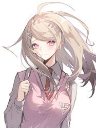  1girl ahoge akamatsu_kaede arm_at_side backpack bag bangs blonde_hair breasts collared_shirt dangan_ronpa_(series) dangan_ronpa_v3:_killing_harmony eighth_note hair_ornament hand_up large_breasts long_hair long_sleeves looking_at_viewer messy_hair musical_note musical_note_hair_ornament necktie pink_eyes pink_vest raito47 shiny shiny_hair shirt simple_background smile solo upper_body vest violet_eyes white_background 