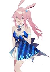  1girl :d absurdres alternate_eye_color animal_ears bangs blue_dress dress fox_ears gloves hair_between_eyes hair_ornament highres honkai_(series) honkai_impact_3rd looking_at_viewer open_mouth pink_eyes pink_hair ponytail simple_background sleeveless sleeveless_dress smile solo star_(symbol) star_hair_ornament white_background white_gloves yae_sakura yae_sakura_(goushinnso_memento) yumeeeeeeko 