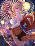  1girl arm_tattoo bandages bare_shoulders blonde_hair breasts chest_tattoo choker fingerless_gloves fingernails fireworks genshin_impact gloves hair_ornament high_ponytail highres japanese_clothes kimono large_breasts lingshalan night night_sky orange_kimono sarashi sky solo sparkler tattoo tied_hair yoimiya_(genshin_impact) 