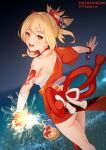  1girl arm_tattoo ass bandages blonde_hair bracelet breasts ett fireworks from_behind genshin_impact hair_ornament holding_fireworks japanese_clothes jewelry kimono looking_at_viewer looking_back obi open_mouth orange_eyes ponytail pouch rope_belt sarashi sash single_bare_shoulder smile solo tattoo yoimiya_(genshin_impact) 
