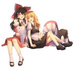  2girls apron ascot bangs bare_shoulders black_dress black_footwear black_hair black_headwear blonde_hair blush boots bow braid brown_footwear buttons cheunes closed_eyes collar detached_sleeves dress eyebrows_visible_through_hair frills hair_between_eyes hair_bow hair_ornament hair_tubes hakurei_reimu hand_on_another&#039;s_head hand_up hat hat_bow highres kirisame_marisa long_hair long_sleeves looking_at_another lying lying_on_person medium_hair multiple_girls no_hat no_headwear open_mouth red_bow red_shirt red_skirt shadow shirt shoes simple_background single_braid sitting skirt smile socks touhou white_apron white_background white_bow white_legwear wide_sleeves witch_hat yellow_eyes yellow_neckwear yuri 