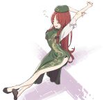  1girl absurdres arms_up braid brown_hair chinese_clothes dress green_dress hands_up highres hong_meiling kawayabug long_hair open_mouth sitting solo touhou twin_braids 
