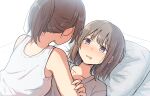  2girls absurdres betock blush brown_eyes brown_hair facing_another girl_on_top hand_on_another&#039;s_arm heart heart-shaped_pupils highres lying multiple_girls on_back on_bed original ponytail short_hair symbol-shaped_pupils tank_top yuri 