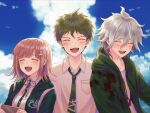  1girl 2boys backpack bag blue_sky blush brown_hair closed_eyes clouds commentary_request dangan_ronpa_(series) dangan_ronpa_2:_goodbye_despair day galaga hair_ornament hairclip highres hinata_hajime hood hoodie jacket komaeda_nagito multiple_boys nanami_chiaki necktie open_mouth outdoors pink_ribbon porary ribbon school_uniform shirt short_hair silver_hair sky smile upper_body upper_teeth white_shirt 