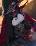  1girl absurdres barcode belt black_cloak bodysuit breasts chinese_commentary cloak commentary_request covered_navel dutch_angle highres holding holding_spoon honkai_(series) honkai_impact_3rd hood hooded_cloak indoors kettle large_breasts multiple_belts parted_lips raven_(honkai_impact_3rd) sitting solo spoon tray wu_ganlan_cai 