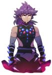  1boy bangs bare_shoulders black_bodysuit black_gloves bodysuit clenched_hands closed_mouth dark-skinned_male dark_skin detached_sleeves facial_hair fingerless_gloves gem gloves glowing leon_(pokemon) long_hair male_focus official_alternate_costume pokemon pokemon_(game) pokemon_masters_ex purple_hair rnehrdyd1212 smile solo symbol-only_commentary white_background yellow_eyes 