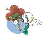  arm_up black_eyes closed_mouth floette floette_(orange) flower full_body gen_6_pokemon happy holding holding_flower no_humans orange_flower outline pokemon pokemon_(creature) simple_background smile solo two-tone_background vilepluff white_background white_outline 