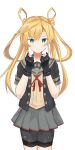  1girl absurdres abukuma_(kancolle) bangs bike_shorts black_gloves blonde_hair blue_eyes blush clenched_hands closed_mouth double_bun gloves hair_rings highres kantai_collection long_hair partially_fingerless_gloves pleated_skirt red_neckwear remodel_(kantai_collection) sailor_collar school_uniform serafuku shironeko_(whitecat_999) short_sleeves shorts shorts_under_skirt simple_background skirt solo twintails white_background 
