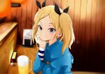  1girl absurdres ap45 beer_mug blonde_hair blue_sweater closed_mouth counter cup eyebrows_visible_through_hair from_side grey_eyes hair_ornament hairclip highres izakaya light_blush light_smile long_sleeves looking_at_viewer medium_hair menu mole mole_under_eye mug restaurant shirobako smile solo sweater twintails upper_body yano_erika 