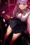  1girl absurdres bb_(fate) black_skirt breasts fate/extra fate/extra_ccc fate_(series) hair_ribbon high-waist_skirt highres large_breasts long_hair long_sleeves neck_ribbon pleated_skirt purple_hair red_ribbon ribbon sanbon_hijiki shirt skirt solo very_long_hair violet_eyes white_shirt 