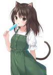  1girl animal_ears anz32 bangs breasts brown_eyes brown_hair cat_ears cat_girl cat_tail commentary_request dress eyebrows_visible_through_hair food green_dress hair_between_eyes holding holding_food long_hair looking_at_viewer original popsicle puffy_short_sleeves puffy_sleeves shirt short_sleeves simple_background sleeveless sleeveless_dress small_breasts solo tail tail_raised tongue tongue_out twitter_username white_background white_shirt 