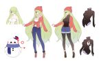  beanie blush breasts bugie character_sheet coat commission commissioner_upload del_(dendroai) denim green_eyes green_hair hat highres jeans large_breasts long_hair navel original pants scarf shoes shorts snowman 