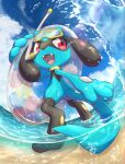 absurdres air_bubble bubble clouds commentary_request day fangs from_below gen_4_pokemon goggles highres holding holding_innertube innertube nullma open_mouth outdoors pokemon pokemon_(creature) riolu sky snorkel solo standing tongue wading water water_drop 