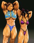  2girls abs armpits arms_behind_head biceps bikini black_background black_hair blue_bikini breasts breasts_apart brown_eyes brown_hair cessa chun-li feet_out_of_frame han_juri multiple_girls muscular muscular_female navel parted_lips purple_bikini smile street_fighter street_fighter_iv_(series) swimsuit under_boob 