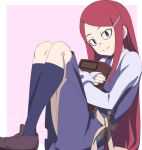  1girl book closed_mouth hair_ornament hairclip haruyama_kazunori little_witch_academia long_hair looking_at_viewer luna_nova_school_uniform redhead sarah_bernard school_uniform skirt smile solo 