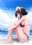  1girl bare_arms bare_shoulders barefoot beach bikini black_bikini black_hair blue_eyes breasts chinese_commentary cucchiore frilled_bikini frills from_side halterneck highres hugging_own_legs knees_up looking_at_viewer looking_to_the_side maid_headdress medium_breasts multi-strapped_bikini original outdoors parted_lips sideboob sitting solo string_bikini swimsuit thighs tied_hair water 