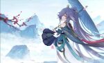  1girl back bangs bird black_hair blue_eyes blue_sky branch china_dress chinese_clothes closed_mouth clouds cloudy_sky dress earrings fu_hua fu_hua_(azure_empyrea) hair_ornament hair_over_one_eye holding holding_umbrella honkai_(series) honkai_impact_3rd jewelry long_hair long_sleeves looking_at_viewer looking_back mountain official_art official_wallpaper oil-paper_umbrella open_mouth petals ponytail sky smile solo umbrella 