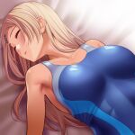  1girl bare_arms bare_shoulders blonde_hair blue_swimsuit breasts closed_eyes collarbone hair_ornament hairclip huyumitsu large_breasts long_hair lying on_back one-piece_swimsuit original parted_lips sleeping solo swimsuit upper_body 