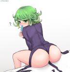 1girl ?green_eyes ass bangs black_dress blush commentary dress english_commentary eyebrows_visible_through_hair food food_in_mouth green_hair highres holding holding_food looking_back one-punch_man popsicle sitting solo soveno tatsumaki twitter_username 