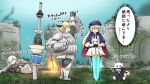  3girls ^^^ anastasia_(fate) animal arm_shield arm_up armor armored_boots arrow_(symbol) artoria_pendragon_(caster)_(fate) artoria_pendragon_(fate) beret black_gloves black_jacket black_legwear black_pants blue_cape blue_capelet blue_headwear blurry blurry_background boots cape capelet cavall_the_2nd clothed_animal commentary_request cosplay dark_souls_(series) depth_of_field dog excalibur_morgan_(fate) fate/grand_order fate_(series) gareth_(fate) gloves grey_gloves hands_on_hilt hat headwear_removed helm helmet helmet_removed highres jacket jet_black_king_of_knights_ver._shinjuku_1999 knight lance mouth_hold multiple_girls neon-tetora pants pantyhose planted planted_sword polearm purple_footwear saber_alter saber_alter_(cosplay) shirt skirt sword translation_request weapon white_shirt white_skirt 