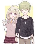  1boy 1girl ahoge akamatsu_kaede amami_rantarou bangs blonde_hair breasts closed_eyes collarbone collared_shirt commentary_request couple dangan_ronpa_(series) dangan_ronpa_v3:_killing_harmony ear_piercing eyebrows_visible_through_hair fc_(efushii) green_hair grey_background hair_ornament holding_hands jewelry large_breasts long_hair long_sleeves looking_at_viewer musical_note musical_note_hair_ornament necklace necktie open_mouth orange_neckwear outline piercing pink_vest pleated_skirt purple_neckwear shirt short_hair sketch skirt smile striped striped_shirt sweater_vest vest violet_eyes white_outline white_shirt yellow_background 