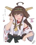  1girl absurdres ahoge black_skirt brown_hair dated detached_sleeves double_bun hairband hakama_skirt hand_on_hip headgear highres inica japanese_clothes kantai_collection kongou_(kancolle) long_hair nontraditional_miko one_eye_closed rabbit remodel_(kantai_collection) ribbon-trimmed_sleeves ribbon_trim sash signature skirt upper_body v violet_eyes 