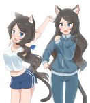  1girl absurdres animal_ear_fluff animal_ears black_choker blue_eyes blue_jacket blue_pants blue_shorts blush bow brown_hair cat_ears cat_tail choker dolphin_shorts fang hair_bow highres jacket long_hair long_sleeves midriff multiple_views navel nekoze_(s22834712) open_mouth original pants shorts simple_background skin_fang standing stretch tail track_jacket track_pants track_suit tu_ya_(nekoze) very_long_hair white_background 