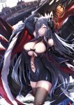  1girl animal_ears arm_up august_von_parseval_(azur_lane) azur_lane bangs bare_shoulders black_dress blue_hair breasts brown_legwear clothing_cutout commentary_request cowboy_shot detached_sleeves dress fake_animal_ears gloves hair_over_one_eye highres horns large_breasts long_hair long_sleeves looking_at_viewer mechanical_horns midriff navel nekoya_(liu) parted_lips short_dress signature solo standing thigh-highs twitter_username very_long_hair violet_eyes white_gloves 